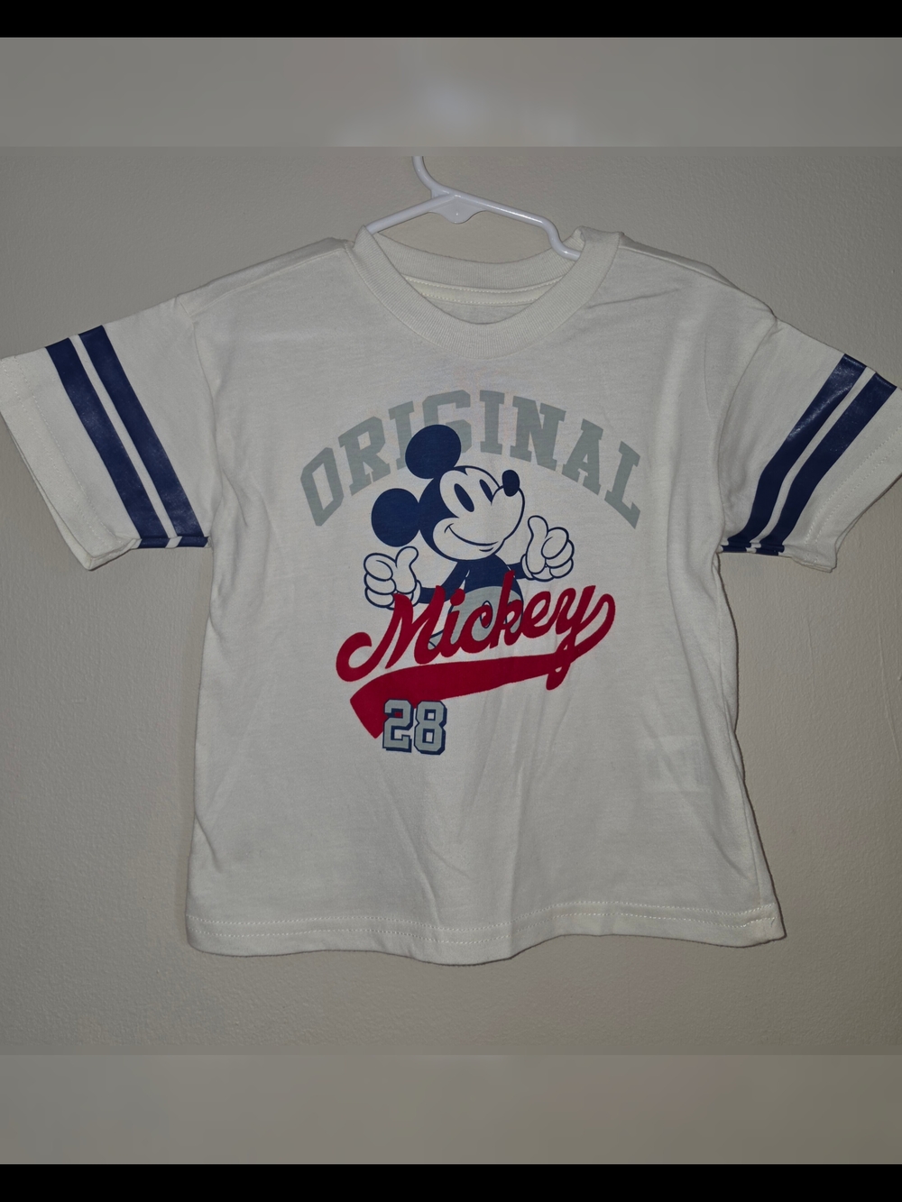 Disney Mickey White Kids Graphic Tee with Blue Stripes